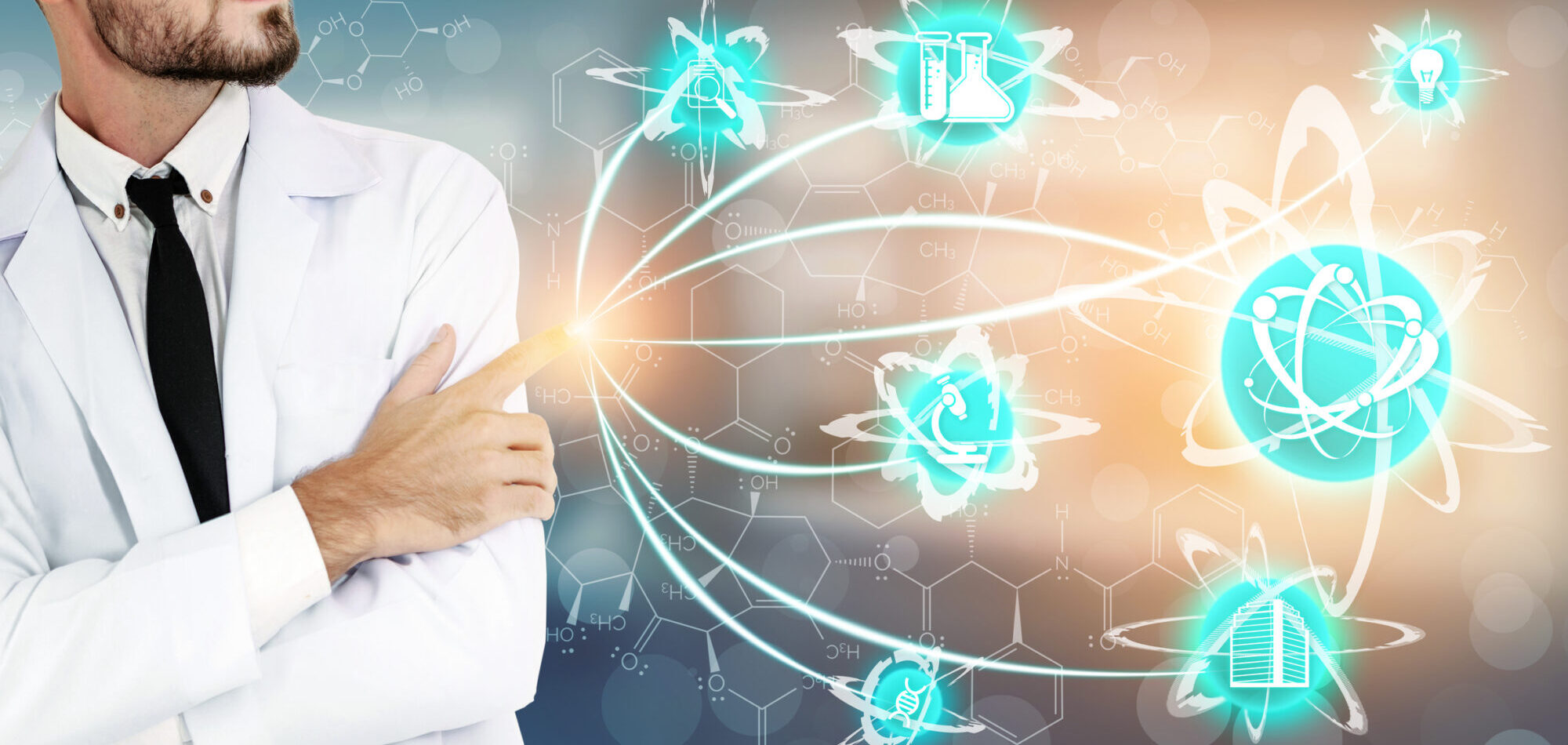 Medical Healthcare Research and Development Concept. Doctor in hospital lab with science health research icon show symbol of medical care technology innovation, medicine discovery and healthcare data.